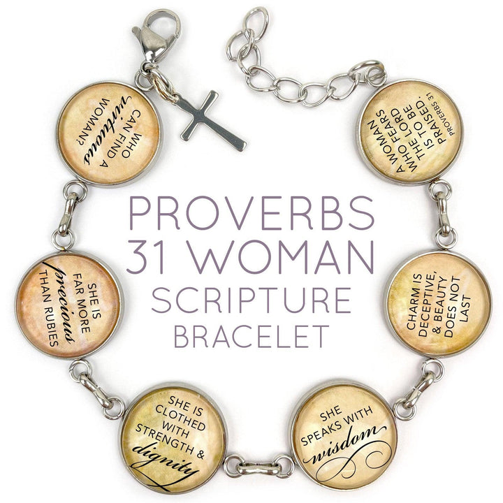 Proverbs 31 Woman Scripture Bracelet – Glass Charm Stainless Steel - Brand My Case