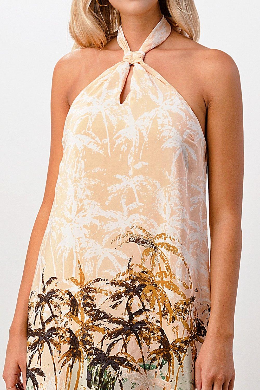 100% Silk Halter Maxi Dress With Palm Tree Printed - Brand My Case