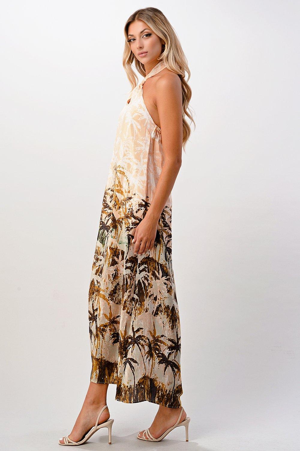 100% Silk Halter Maxi Dress With Palm Tree Printed - Brand My Case