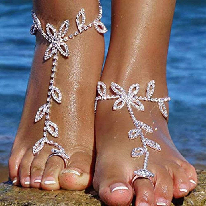 1PC Beach Wedding Jewelry Anklet with Rhinestone Toe Ring Leaf Bridal - Brand My Case
