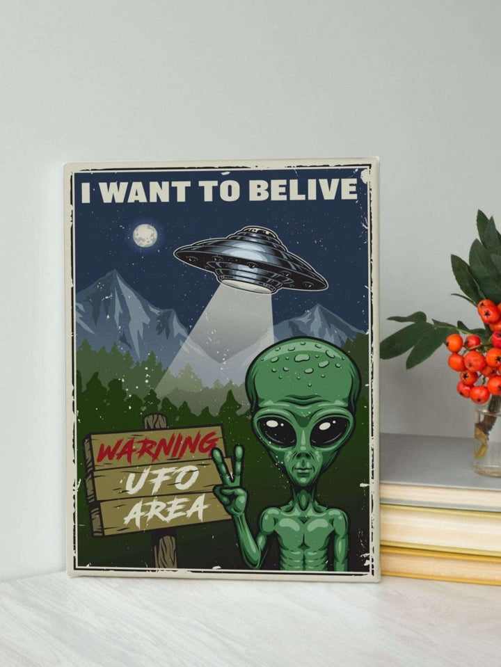 1pc Chemical Fiber Framed Painting Cartoon Alien Slogan Graphic Wall Art Painting For Home Wall Decor - Brand My Case