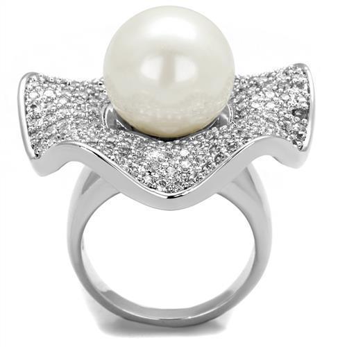 3W1080 - Rhodium Brass Ring with Synthetic Pearl in White - Brand My Case