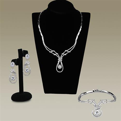 3W1095 - Rhodium Brass Jewelry Sets with AAA Grade CZ in Clear - Brand My Case