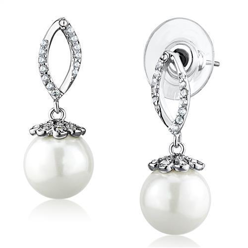 3W1301 - Rhodium Brass Earrings with Synthetic Pearl in White - Brand My Case