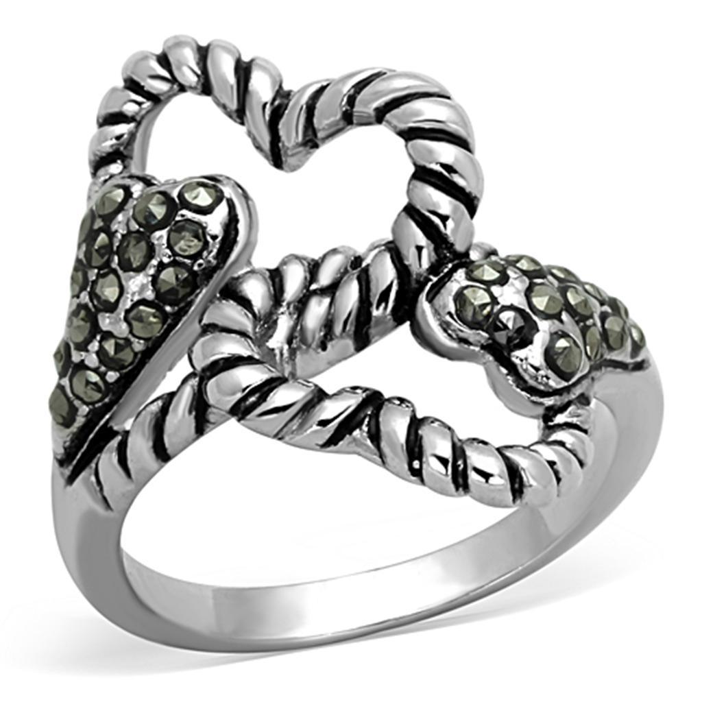 3W608 - Rhodium Brass Ring with Synthetic Marcasite in Black Diamond - Brand My Case