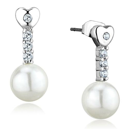 3W675 - Rhodium Brass Earrings with Synthetic Pearl in White - Brand My Case