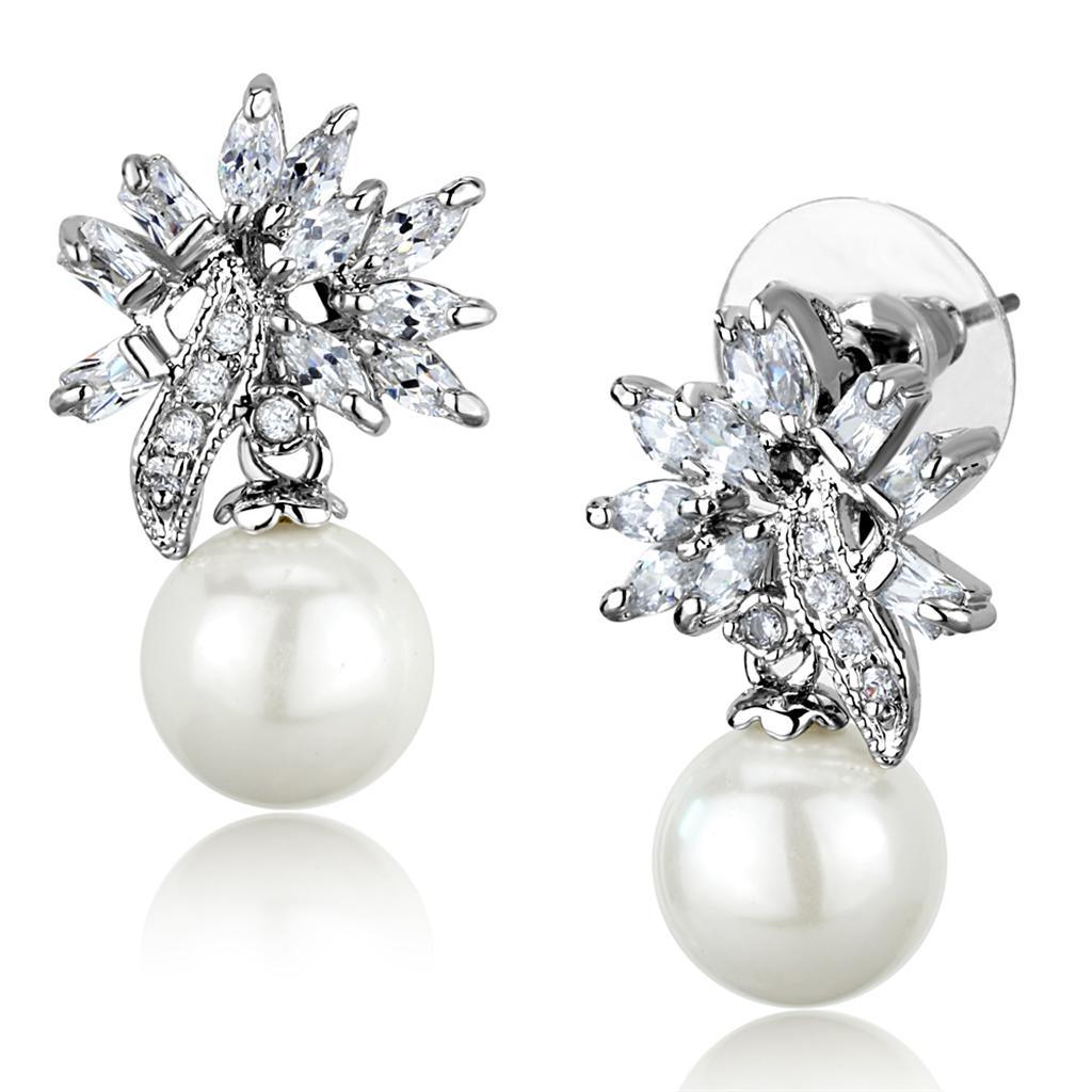 3W888 - Rhodium Brass Earrings with Synthetic Pearl in White - Brand My Case