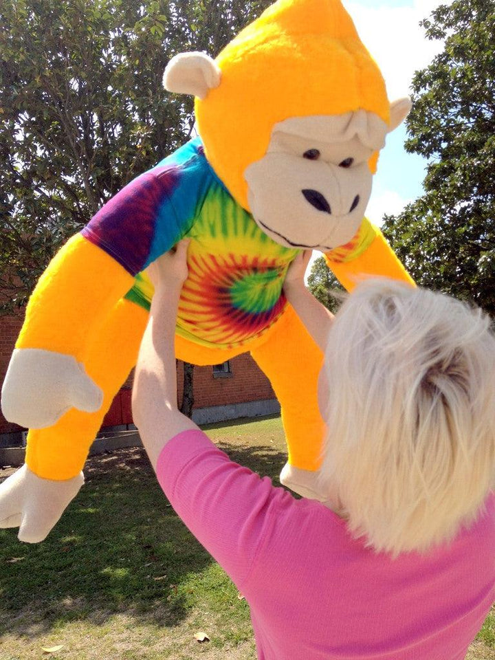 40-inches tall Yellow Groovy Hippie Monkey wearing Rainbow Tie Dye - Brand My Case