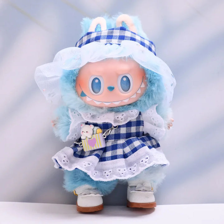 Blue Plaid Dress & Hair Bow Set 15/17cm Plush Doll'S Clothes Labubu I II Idol Dolls Sitting Party Accessories Kids Gift