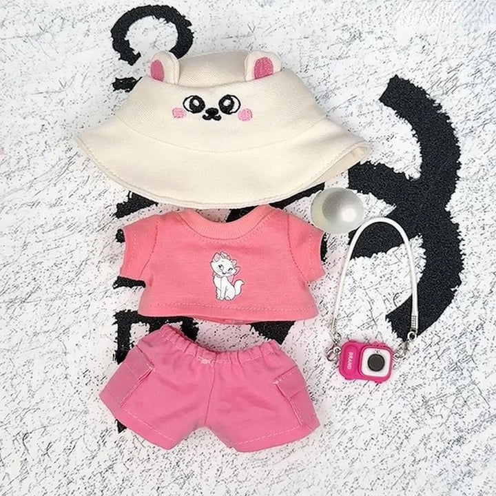 Labubu 1-3 Gen 17cm Plush Doll Outfits | Cute Pink T-Shirt + Pants Set with Hat | Soft Toy Clothes for Labubu Accessories