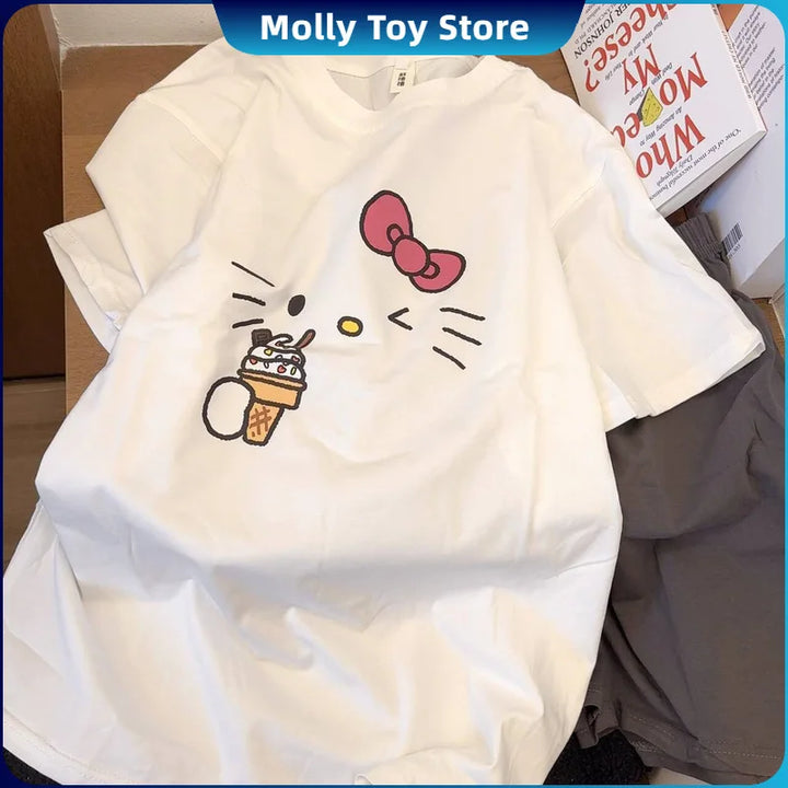 Kawaii Hello Kitty Pajamas Summer Pure Cotton Cardigan Short Sleeve Shorts Suit Cartoon Cute Home Clothes Gift