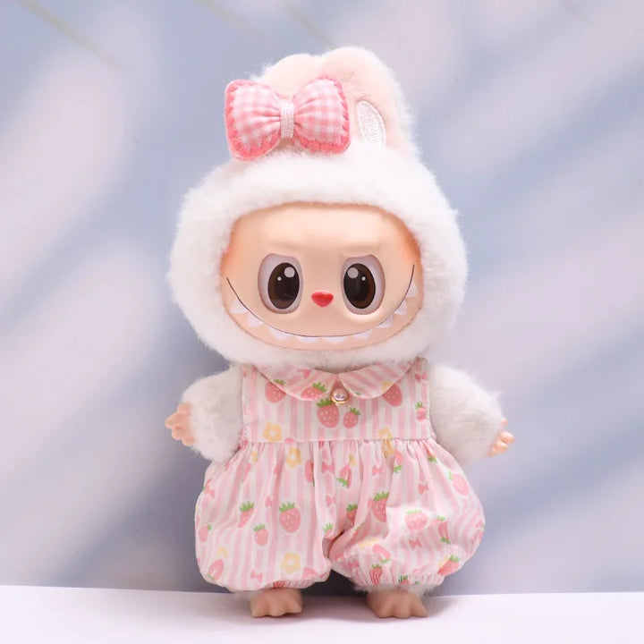 Strawberry Print Overall Set with Mini Rabbit Bag 15/17cm Plush Doll'S Clothes Labubu I II III Idol Dolls Accessories Kids Gift