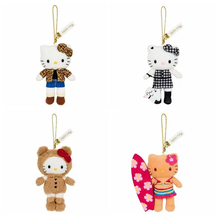 Kawaii Sanrio Hello Kitty Anniversary Long Legs Leopard Black Leather Plush Toys Backpack Pendant Keychain Girl's Holiday Gifts