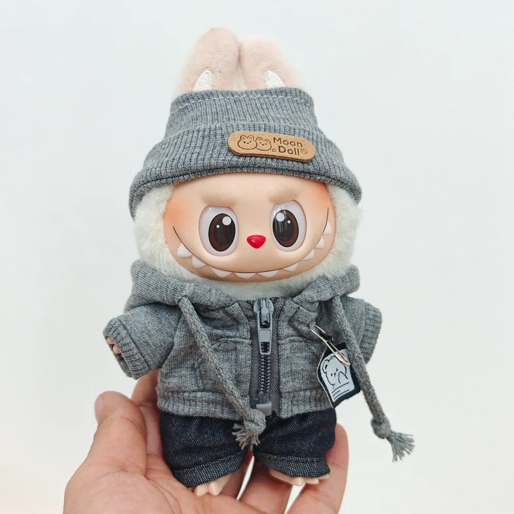15/17cm Labubu Doll Clothes 1st/2nd/3rd Gen Fit Mr. Black Bear Hoodie Set with Headphone Plush Toy Outfits Halloween Decor