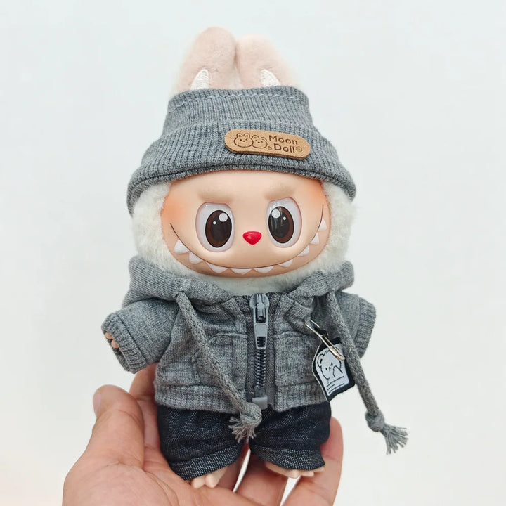 15/17cm Labubu Doll Clothes 1st/2nd/3rd Gen Fit Mr. Black Bear Hoodie Set with Headphone Plush Toy Outfits Halloween Decor