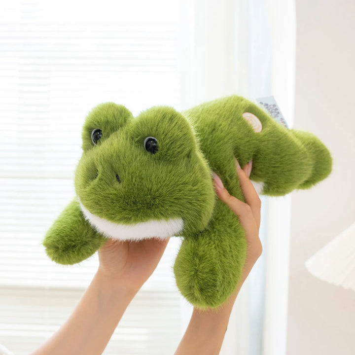 Kawaii Green Frog Plush Toys Fluffy Lying Frog Stuffed Animal Black Eyes Big Mouth Smiling Chubby Frog Soft Dolls Fun Gifts