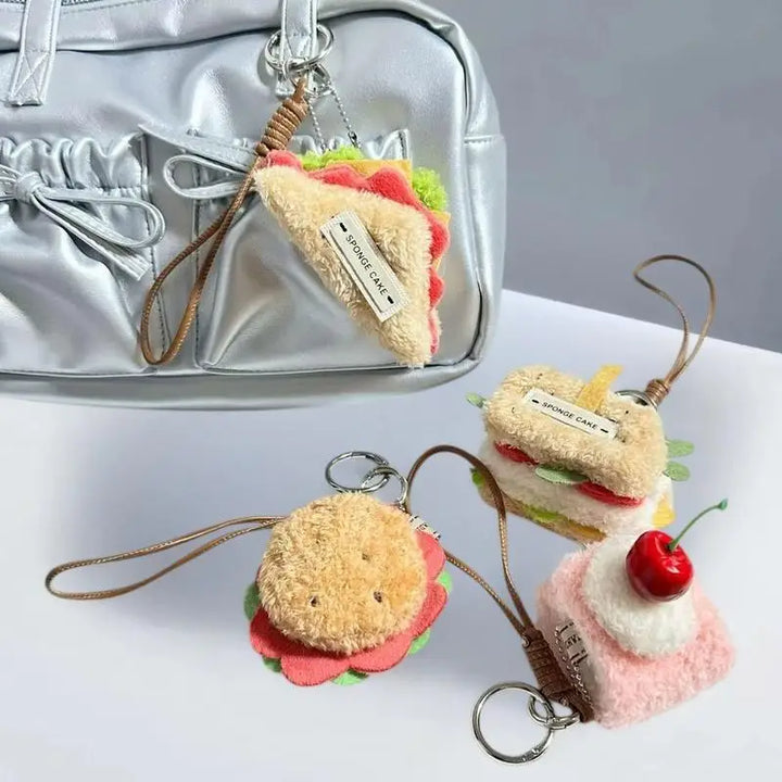 Simulation Food Plush Keychain with Hamburger, Sandwich, and Cake Designs; Adorably Cute Stuffed Doll; Perfect Bag Pendant Gift.