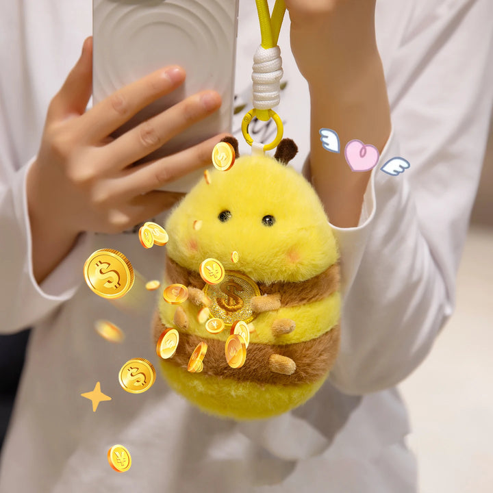 Cute Bee Plush Doll Bee Holding Gold Coins Plush Toy Bee Duck Pendant Key Chain Soft Stuffed Animal Bee Kid Birthday Xmas Gift