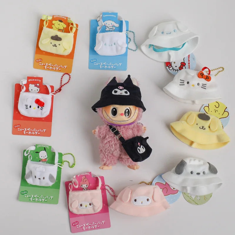For Labubus doll Outfit Accessories Sanrios Hello Kitty Kuromi Cinnamoroll Melody Doll Hat mini bag Cute Doll Backpack Bag Set