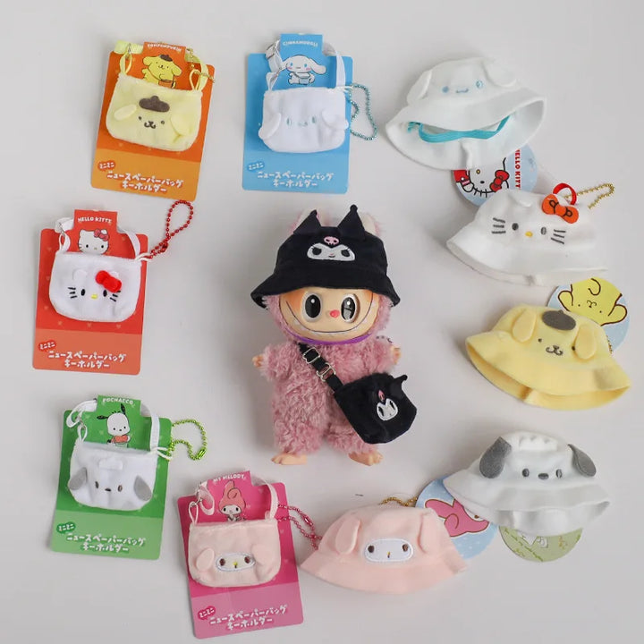 For Labubus doll Outfit Accessories Sanrios Hello Kitty Kuromi Cinnamoroll Melody Doll Hat mini bag Cute Doll Backpack Bag Set