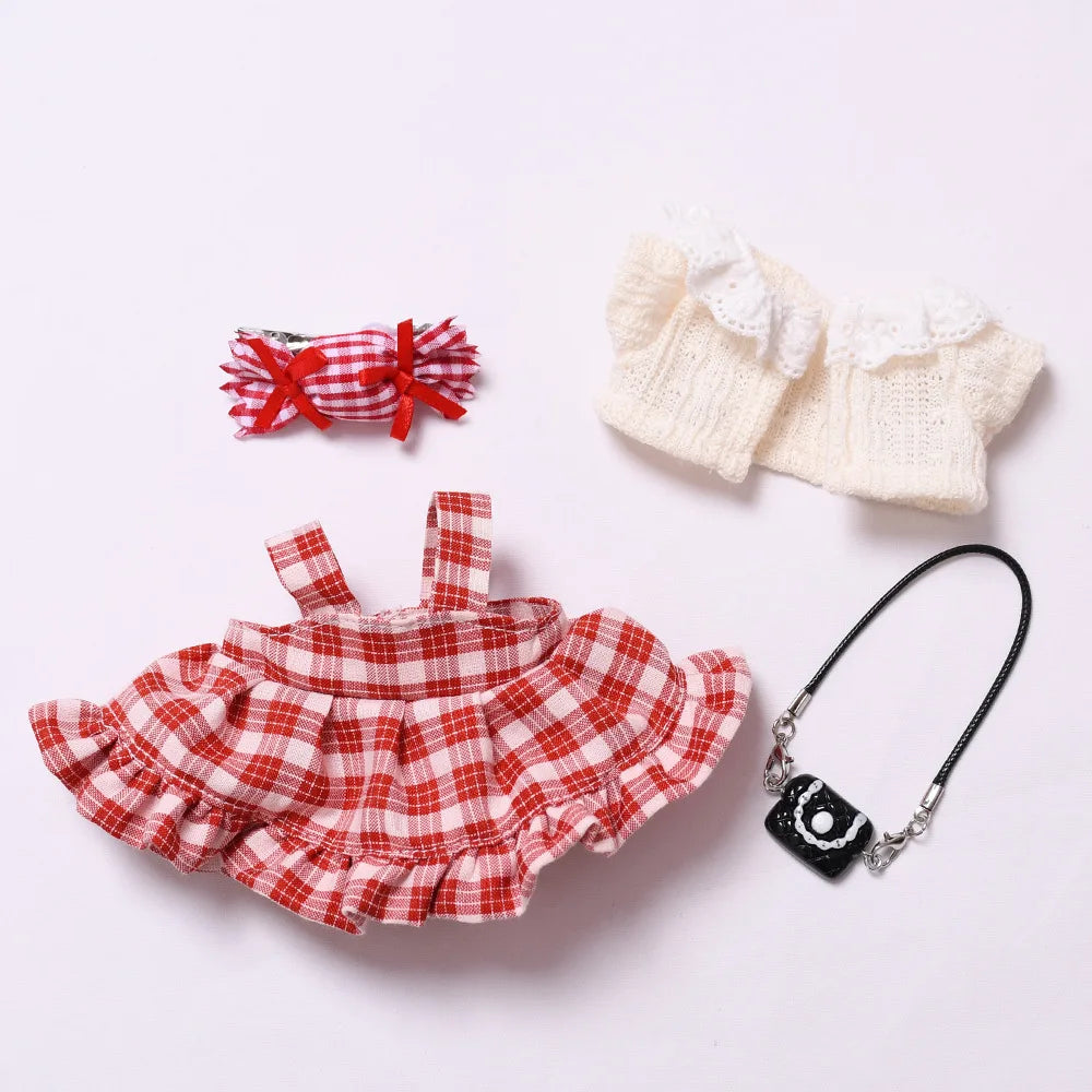Labubu Doll Clothes Candy Heart Black & Red Two-Tone Dress Set with Camera 15/17cm Plush Doll'S Clothes Replacement Accessories