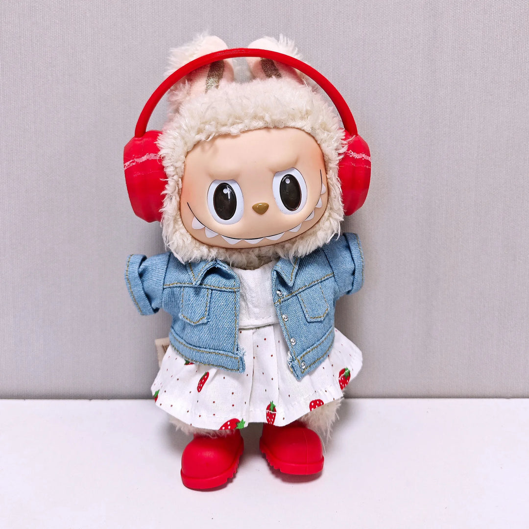 Labubu Doll Clothes Set Strawberry Dress Denim Jacket Colorful Headphones & Shoes Cute Plush Outfits for 1-3 Gen