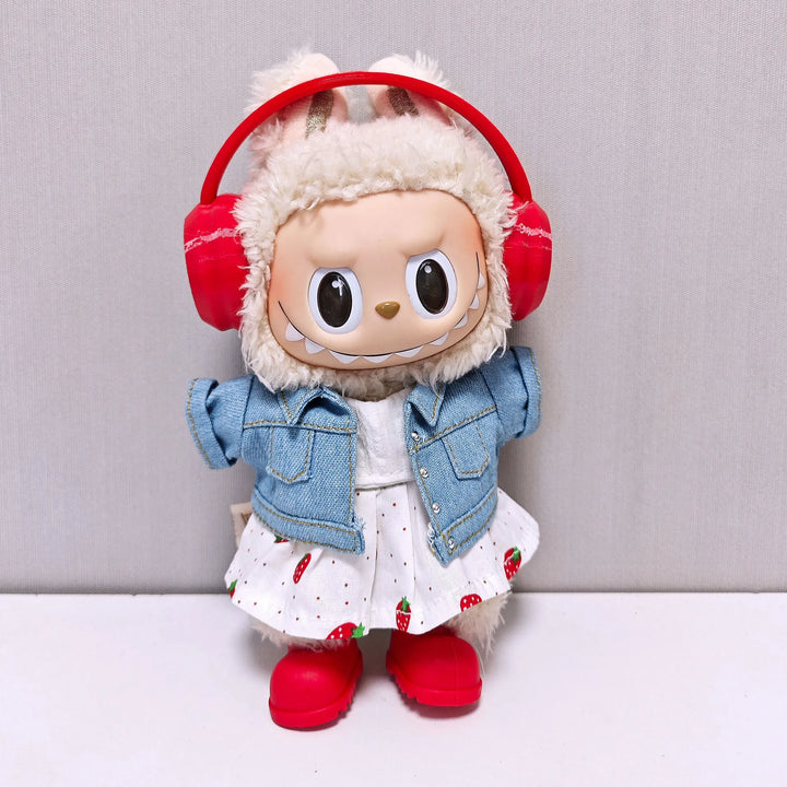 Labubu Doll Clothes Set Strawberry Dress Denim Jacket Colorful Headphones & Shoes Cute Plush Outfits for 1-3 Gen