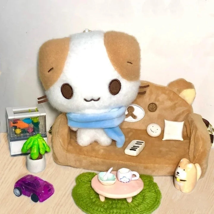 15cm Kawaii  Masyumaro Fluffy Fuwa Nyanko Cat Plush Doll Keychain Sanrios Cartoon marshmallow scarf Cat Keyring Bag Pendant gift
