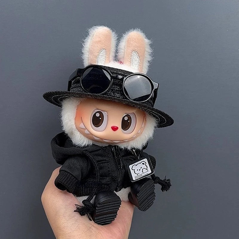 17cm Labubu Doll Clothes 1st/2nd/3rd Gen Fit Mr. Black Bear Hoodie Set with Hat & Sunglasses Plush Toy Outfits Halloween Decor