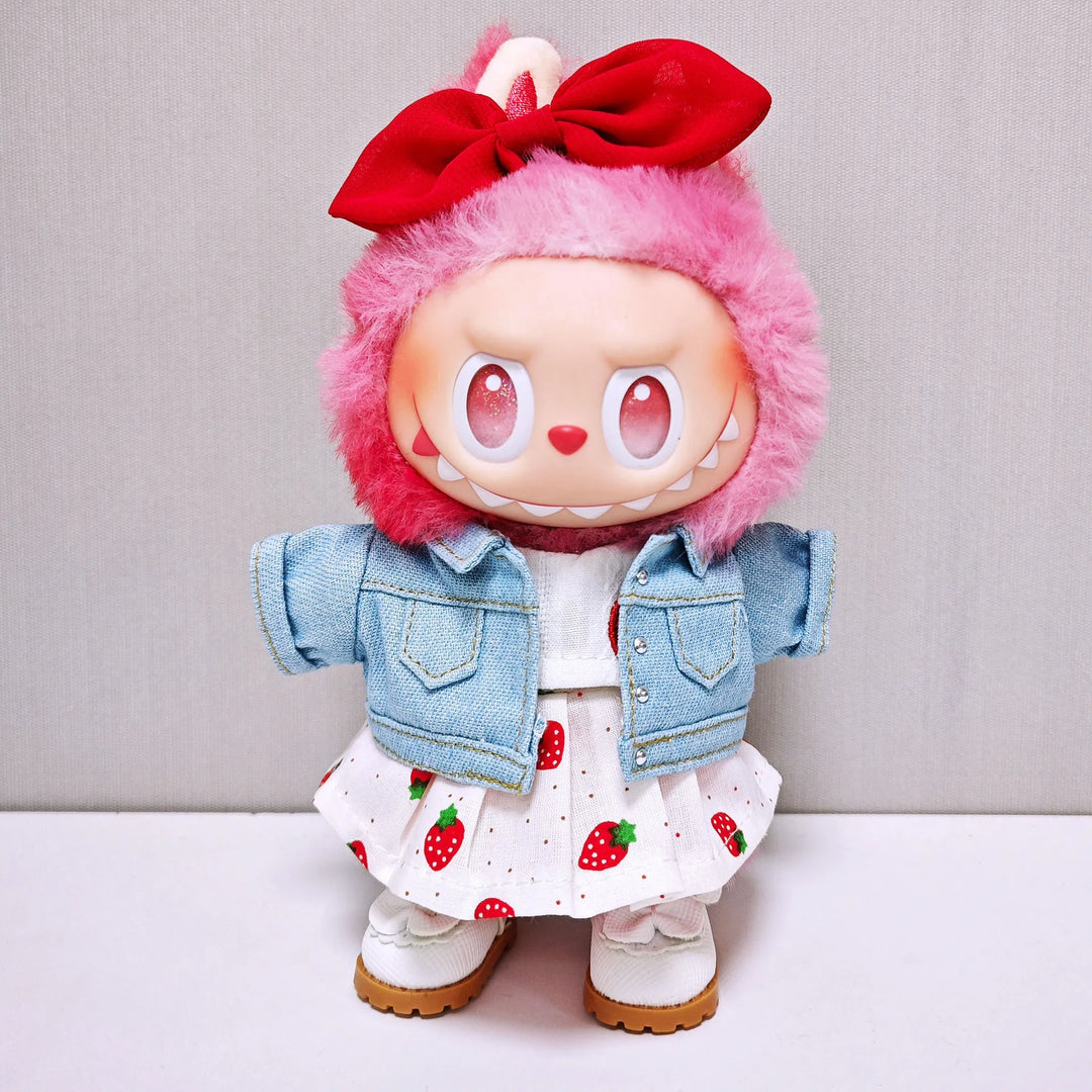 Labubu Doll Clothes Set Strawberry Dress Denim Jacket Colorful Headphones & Shoes Cute Plush Outfits for 1-3 Gen