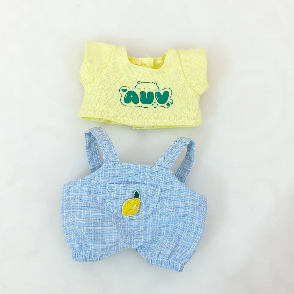 15cm/17cm Labubu Doll Clothing Sitting Party First And Second Generation Summer Straw Hat Short Sleeve Pants Set Accessories