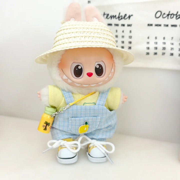 15cm/17cm Labubu Doll Clothing Sitting Party First And Second Generation Summer Straw Hat Short Sleeve Pants Set Accessories