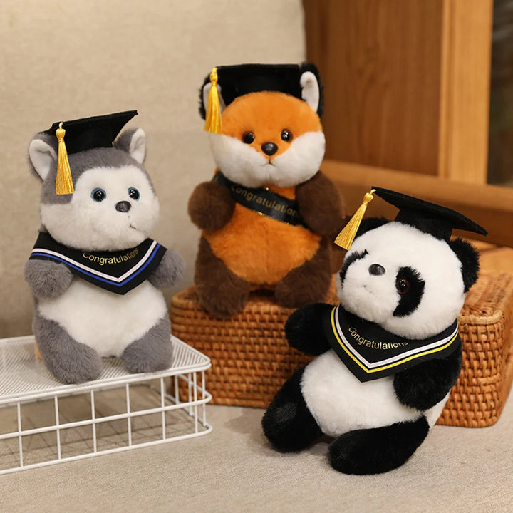 20cm Fluffy Fox Graduation Stuffed Animal Doctorate Bachelor Panda Plush Toys In Cap Gown Wearing Ribbons Souvenir Gifts Plushie