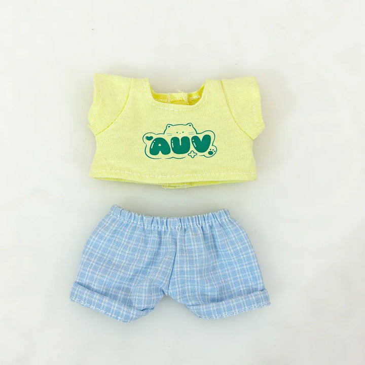 15cm/17cm Labubu Doll Clothing Sitting Party First And Second Generation Summer Straw Hat Short Sleeve Pants Set Accessories