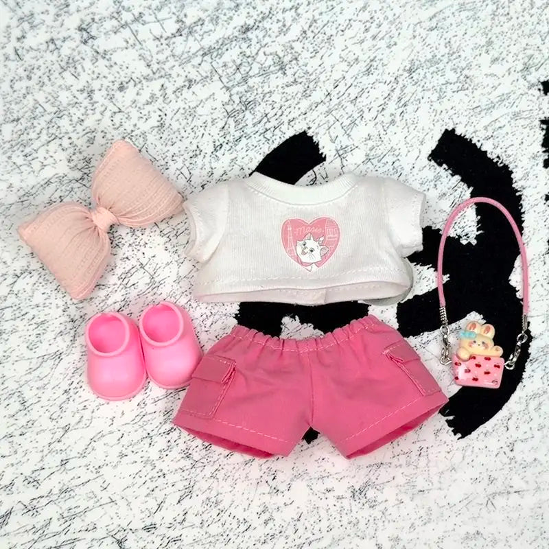 17cm Labubu 1-3 Gen Doll Outfits Cute White T-Shirt + Pink Cargo Pants + Headphones & Shoes Set Labubu Sitting Party Clothes