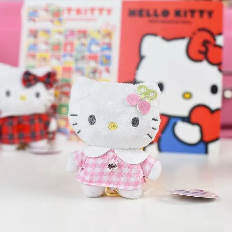 Kawaii Sanrio Hello Kitty Cute Cartoon Plaid Skirt Retro Keychain Plush Toys Backpack Pendant Decoration Girls Birthday Gifts
