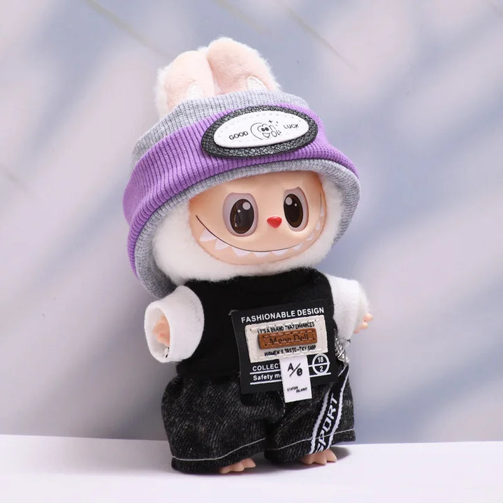 Labubu Doll Clothes Cool Headband Denim Suit For 15-17cm Ropa 3.0 Labubu V1 V2 V3 Clothes Sitting Party Accessories