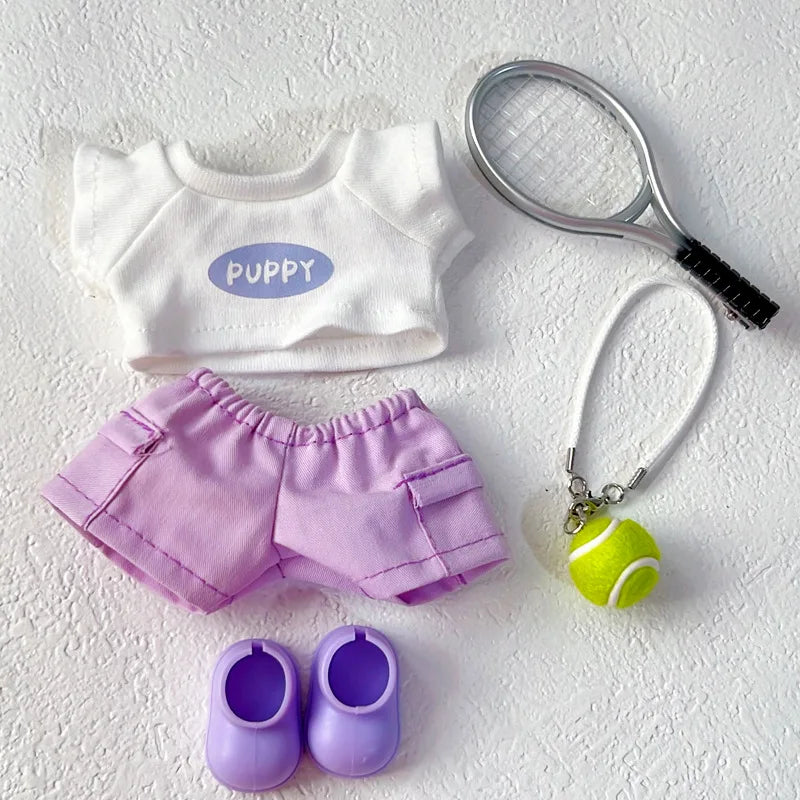 Labubu 1-3 Gen Outfits Purple/Pink T-Shirt Cargo Pants Set Tennis Bag Racket Purple Shoes/Headphones Labubu Doll Accessories