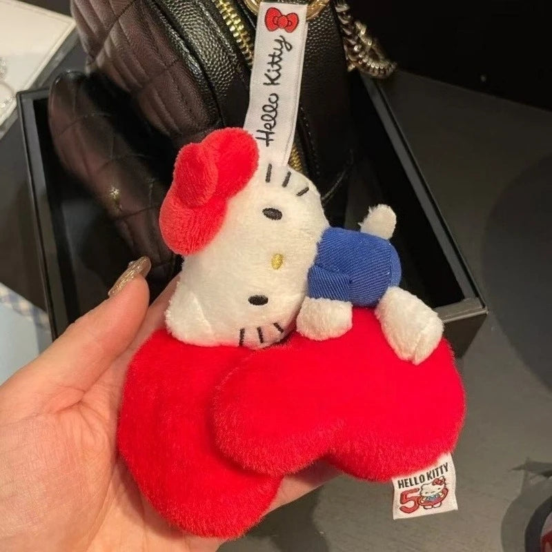 Kawaii Sanrio 50th Anniversary Plush Keychain Red Bow Cartoon Hello Kitty Pendant Keyring bowknot Backpack Decoration girl Gift