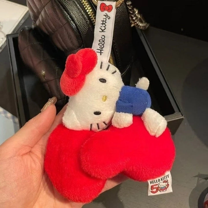 Kawaii Sanrio 50th Anniversary Plush Keychain Red Bow Cartoon Hello Kitty Pendant Keyring bowknot Backpack Decoration girl Gift
