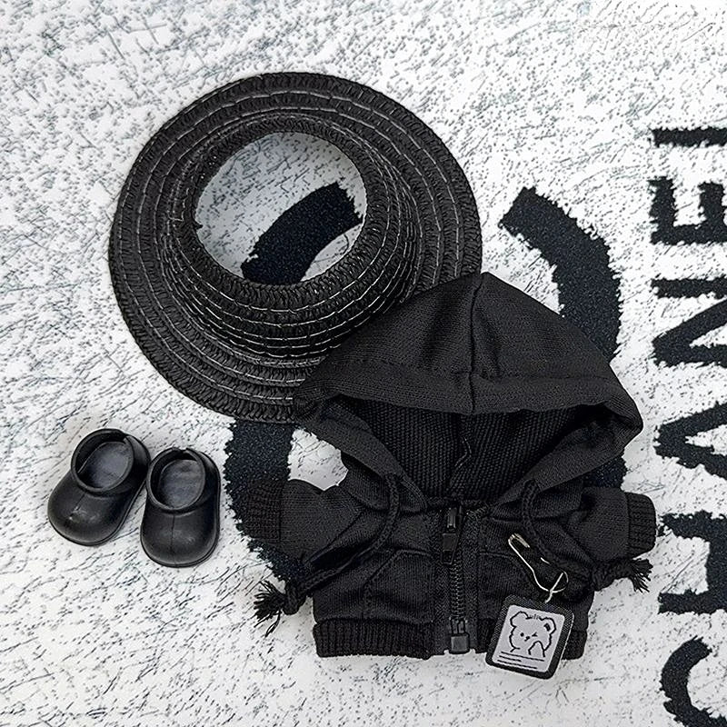 17cm Labubu Doll Clothes 1st/2nd/3rd Gen Fit Mr. Black Bear Hoodie Set with Hat & Sunglasses Plush Toy Outfits Halloween Decor