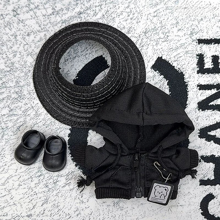 17cm Labubu Doll Clothes 1st/2nd/3rd Gen Fit Mr. Black Bear Hoodie Set with Hat & Sunglasses Plush Toy Outfits Halloween Decor