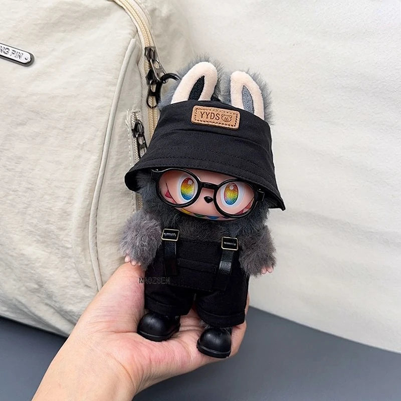 Labubu 1-3 Gen "High Energy Ahead" Outfit Set Open Black Hat + Leather Strap Overalls + Shoes Labubu 3.0 Doll Dress-Up Clothes