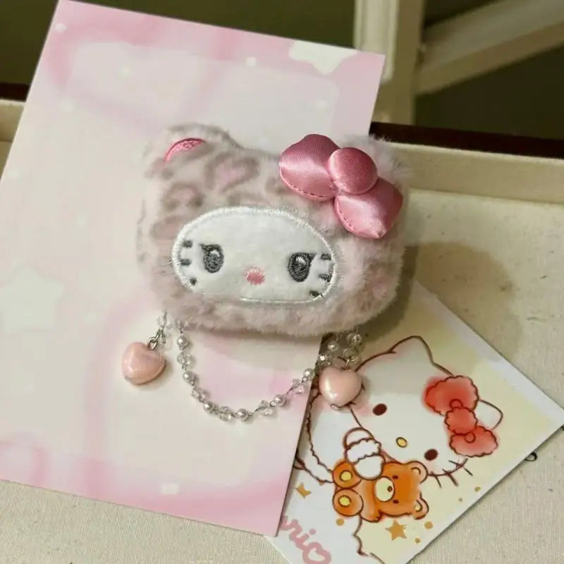 Sanrio Hello Kitty Cinnamoroll Leopard Print Plush Hairpin Cartoon Bangs Side Clip Kawaii Versatile Accessories Birthday Gifts