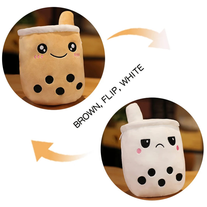 Kawaii Reversible Boba Plush Toys Two Face Double-Sided Bubble Milk Tea Soft Doll Birthday Christmas Gifts for Kids