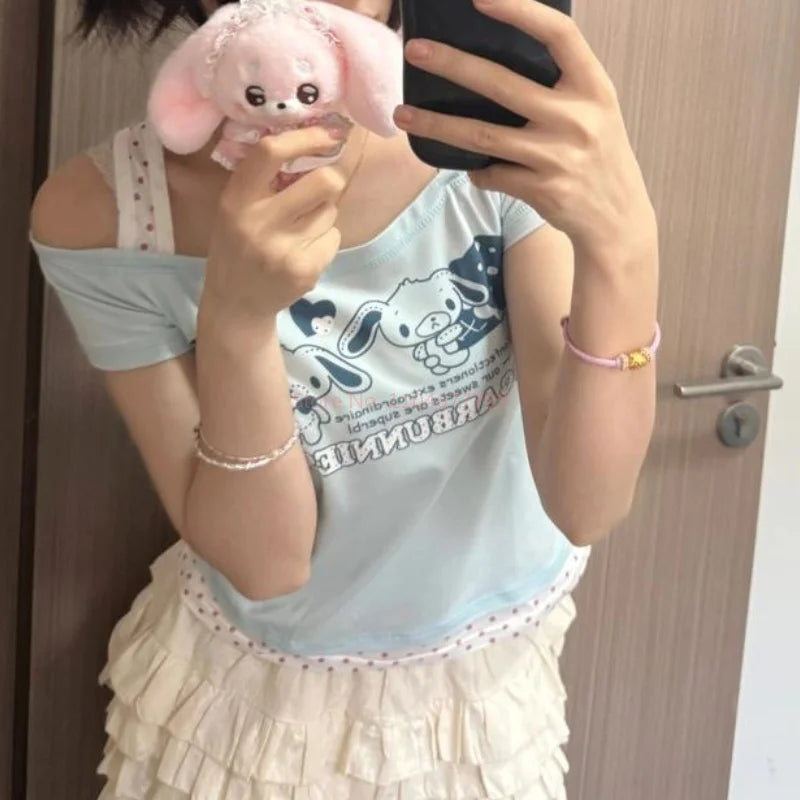 Kawaii Sugarbunnies Y2k Clothing Summer Kawaii Fake Two T-Shirts Japanese Subculture Printed Tees Sweet Cute Harajuku Crop Tops
