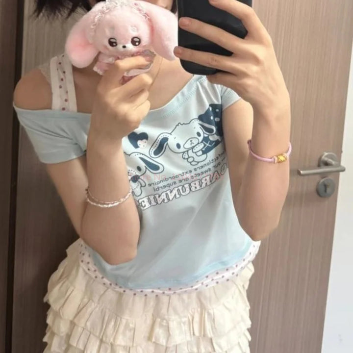 Kawaii Sugarbunnies Y2k Clothing Summer Kawaii Fake Two T-Shirts Japanese Subculture Printed Tees Sweet Cute Harajuku Crop Tops