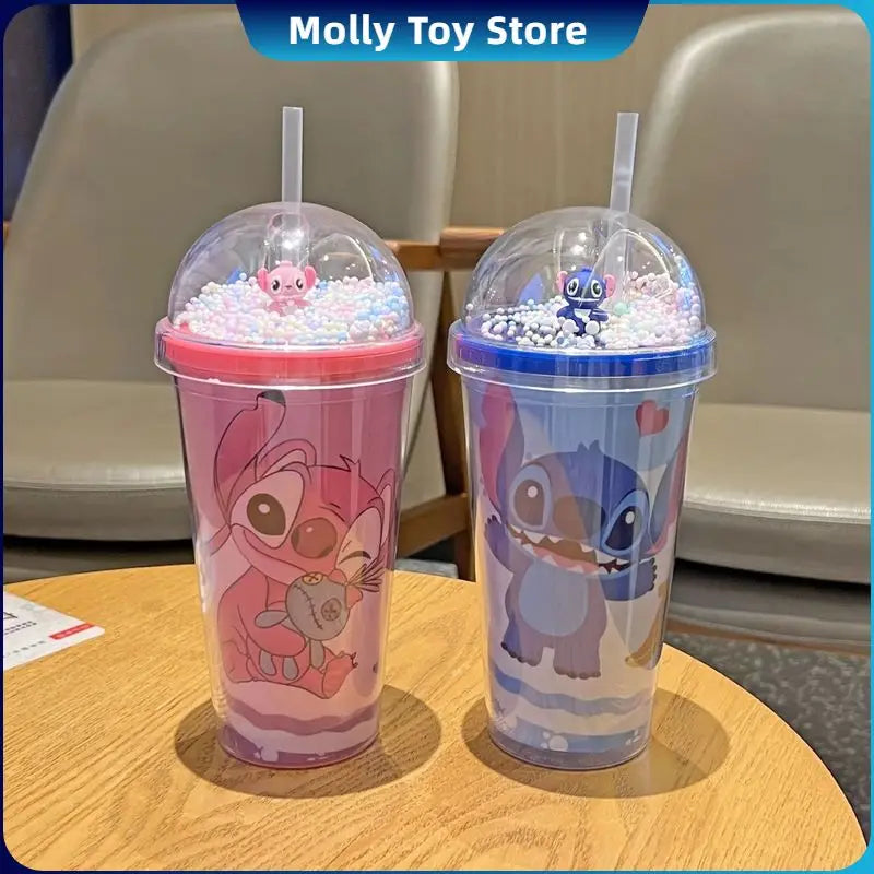 450ML Disney Lilo & Stitch Angel Couple Cartoon Double Layer Plastic Water Cup Drink Straw Mugs Portable Gift for Boy Girl Gift