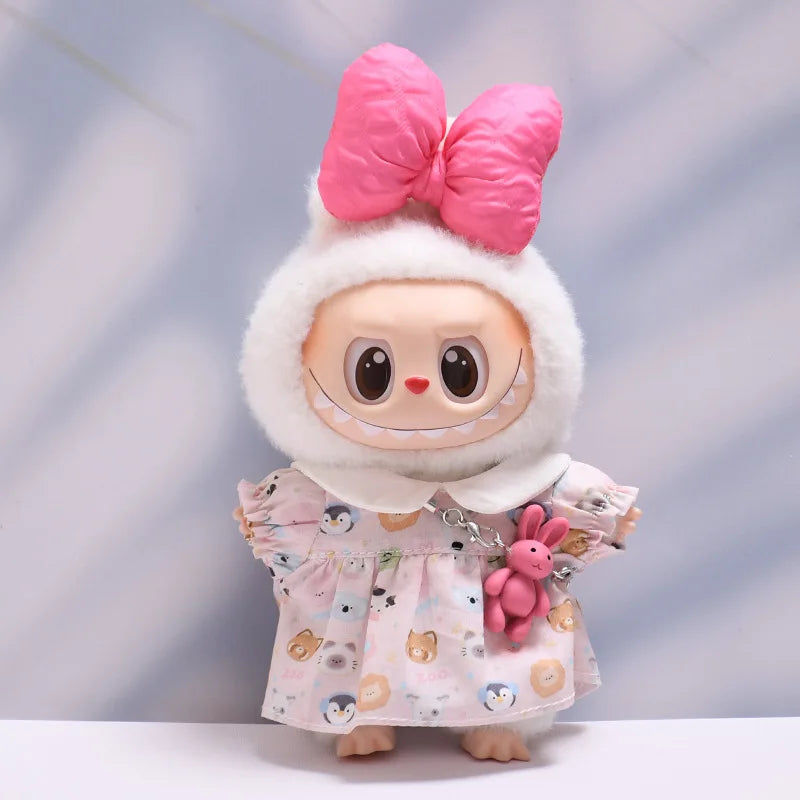 Labubu Doll Clothes Bow-Adorned Animal Print Dress Set with Rabbit Charm 17cm Plush Doll'S Clothes Labubu I II III Accessories
