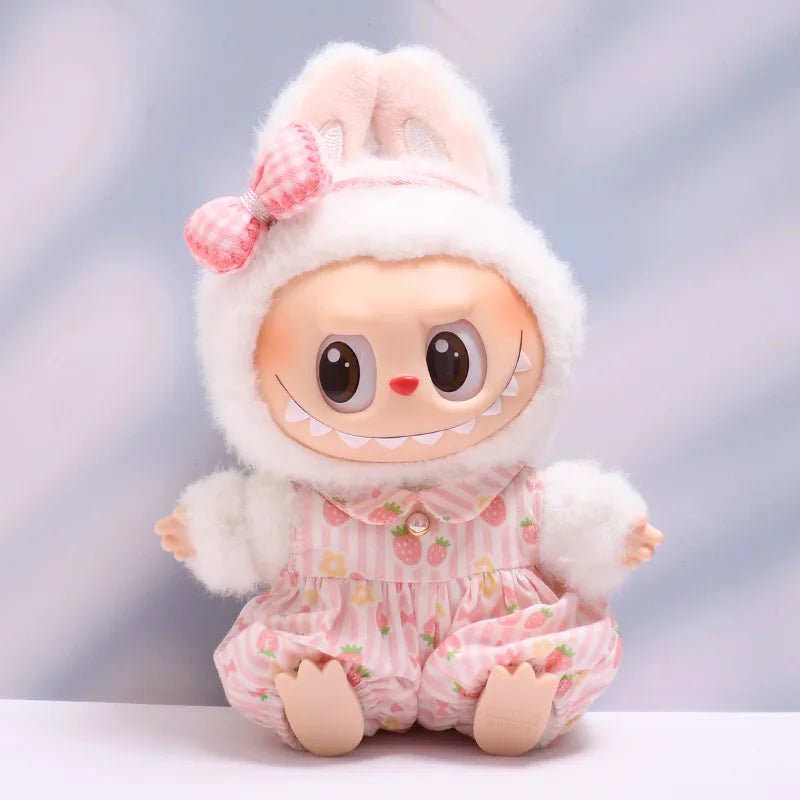Strawberry Print Overall Set with Mini Rabbit Bag 15/17cm Plush Doll'S Clothes Labubu I II III Idol Dolls Accessories Kids Gift
